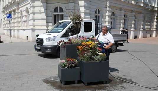 Virágosítás a Városház téren
