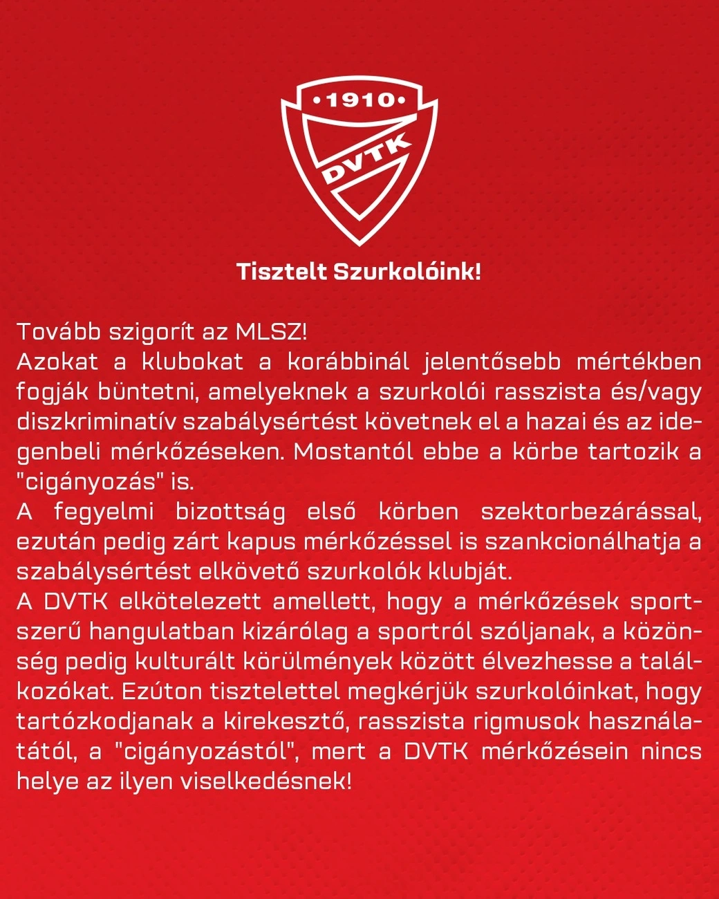 A dvtk közleménye piros háttér előtt fehér betűvel