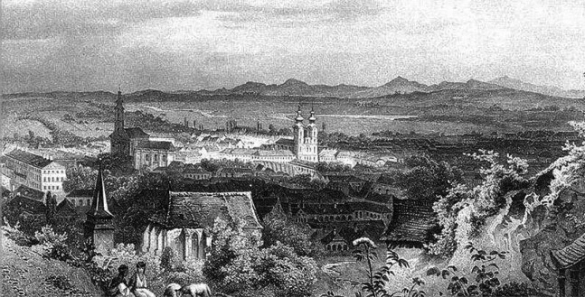 Miskolc látképe 1840-ben. Ludwig Rohbock metszete