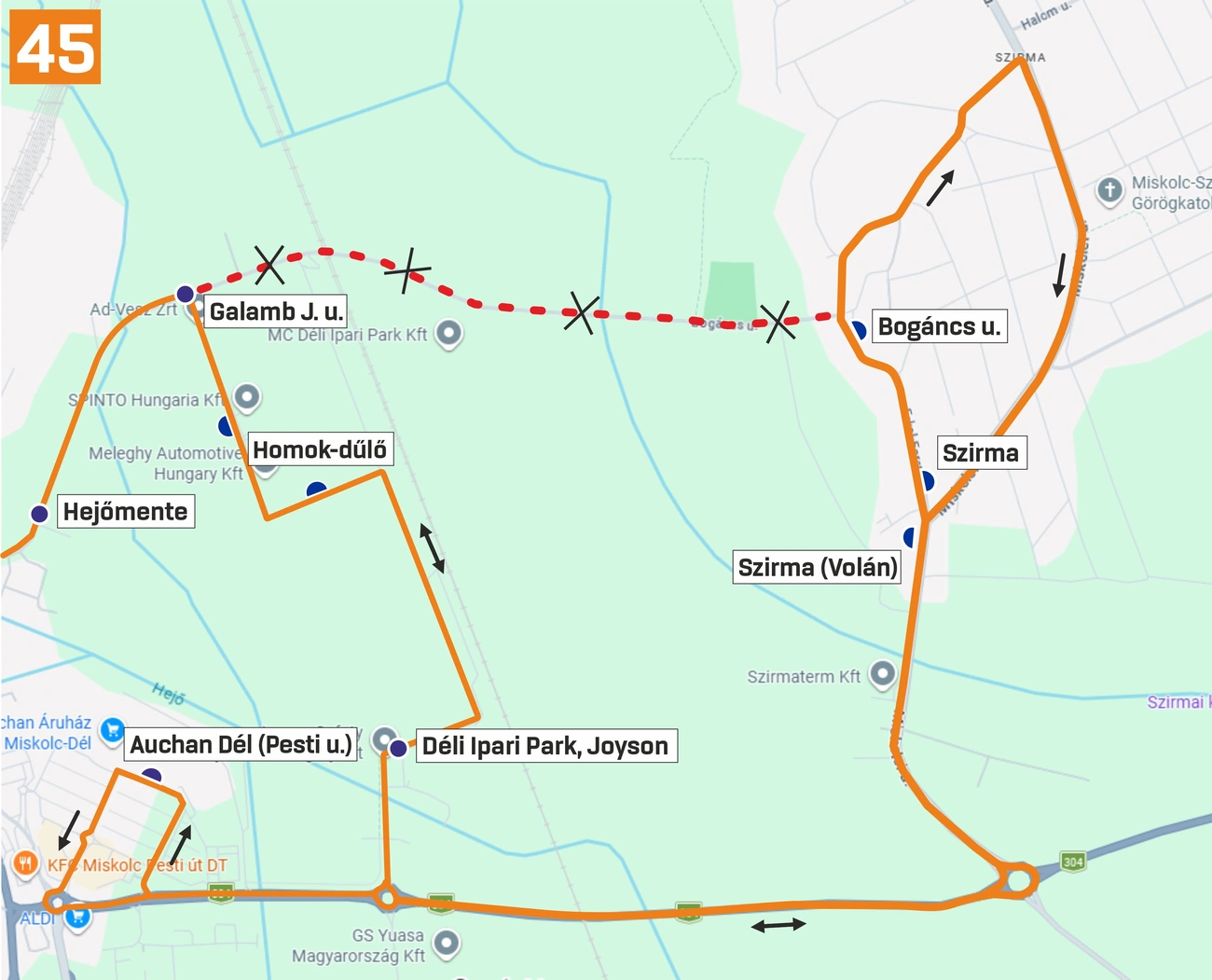 45-ös busz terelt útvonala. Fotó: MVK