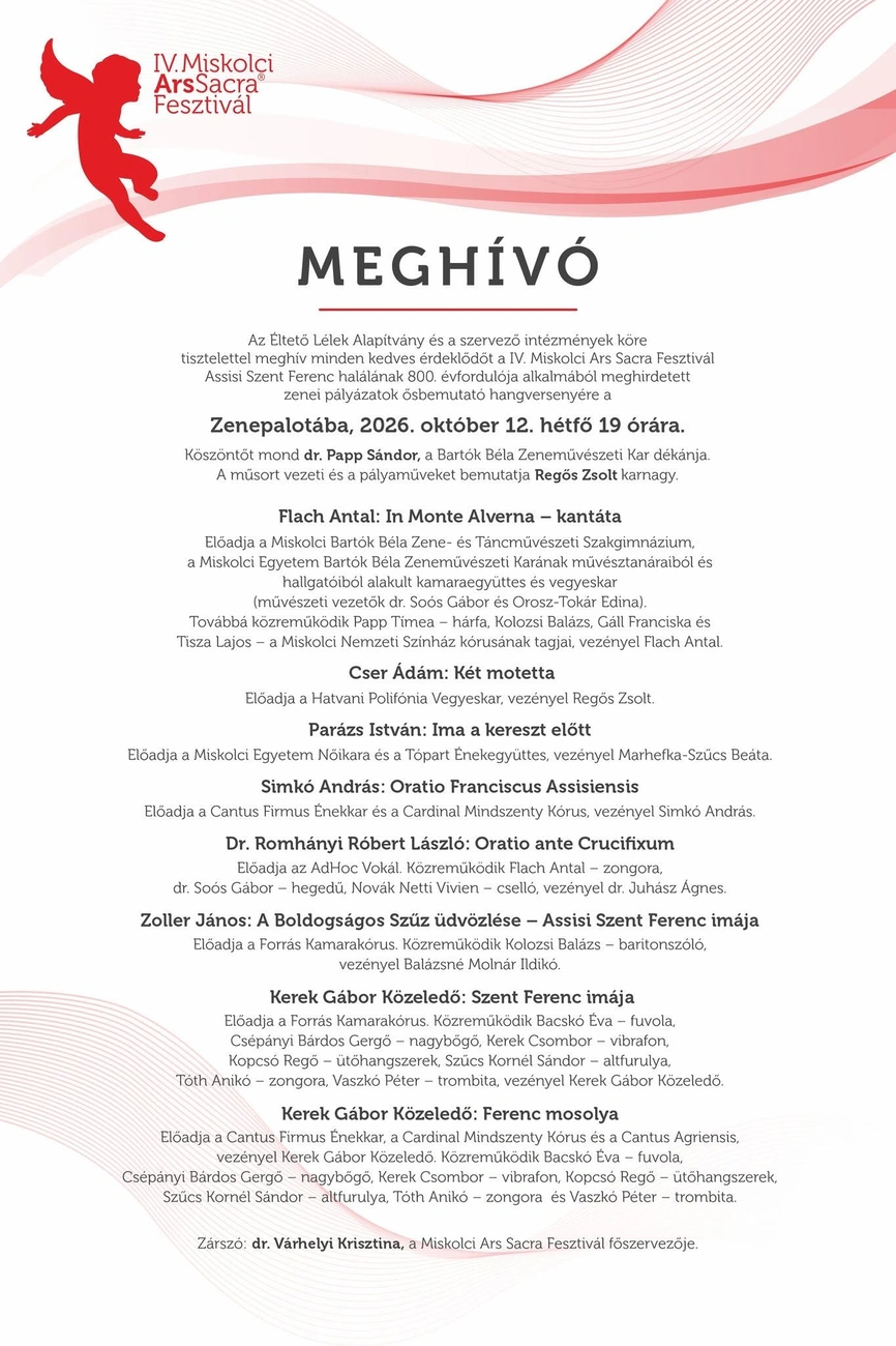 Ars Sacra ősbemutatók, Zenepalota, meghívó